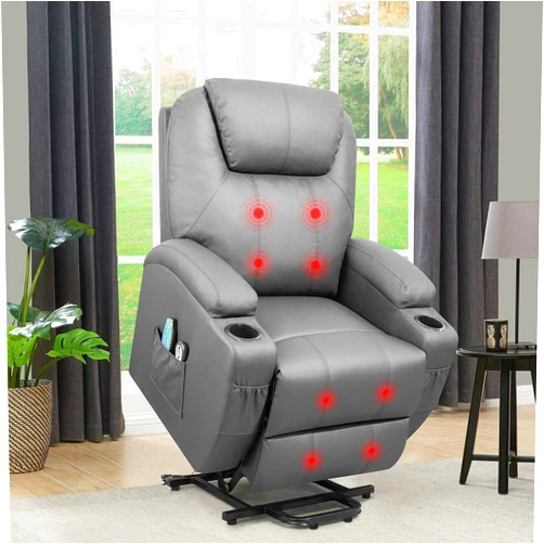 Flamaker Power Lift Recliner Chair PU Leather for Elderly with Massage and Heating Ergonomic Lounge Chair Classic Single Sofa with 2 Cup Holders Side Pockets Home Theater Seat (Massage, Gray)
