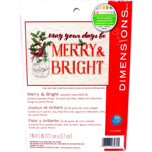 Dimensions 70-08982 Kit, Merry and Bright Mason Jar Christmas Cross Stitch, Ivory 14 Count Aida, 7'' x 5'', multi-colored