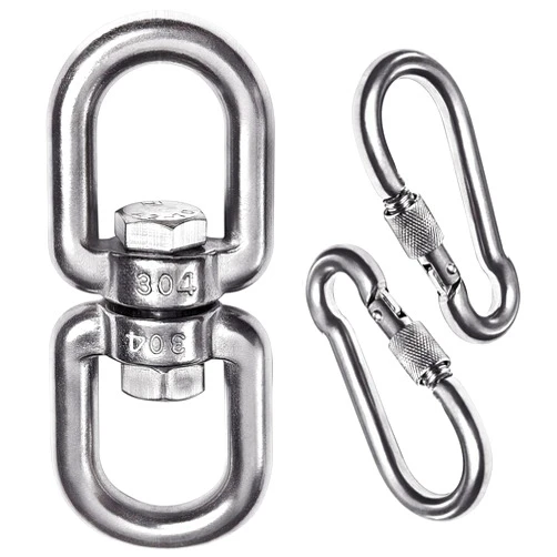Velomill 2+1 Heavy Duty 304 Stainless Steel Swivel Ring Double Ended Swivel Eye Hook with SUS304 Snap Hooks for Web Tree Swing, Swing Spinner Hanger, Reliable and Safe (M8)