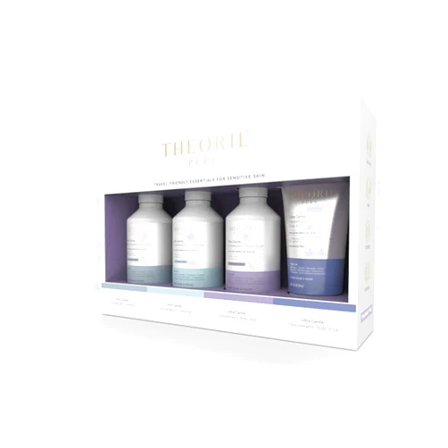 THEORIE PURE Travel Size Toiletries Set - Hypoallergenic Shampoo, Conditioner, Body Wash & Face Scrub - Fragrance-Free, No Sulfates or Parabens - Clean Beauty Essentials for Hair & Skin
