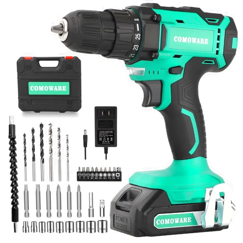 COMOWARE 20V Cordless Drill, Electric Power Drill Set with 1 Battery & Charger, 3/8” Keyless Chuck, 2 Variable Speed, 266 In-lb Torque, 25+1 Position and 34pcs Drill/Driver Bits