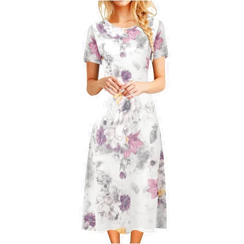 8QIDA Suitable Dress for Women Casual O Neck Short Sleeve Bohemian Floral Print Plain Fit Simple T Shirt Womens Rayon