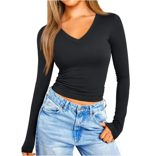 Trendy Queen Long Sleeve Shirts for Women 2024 Fall Fashion V Neck Basics Crop Tops Layering Slim Fitted Y2K Tops