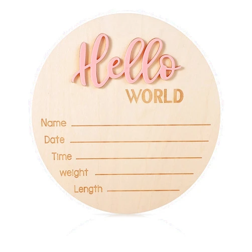 NQEUEPN Newborn Announcement Sign, 5.9in Wooden Hello World Sign Baby Welcome Sign Birth Baby Name Plaques for Newborn Boys and Girls Photo Props Baby Shower Hospital Nursery (Light Pink)