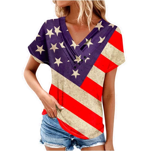 Shusuen 4th of July Shirts for Women Button V Neck Tunic Top Flag Printed Short Sleeve Shirt Fashion Loose Blouse