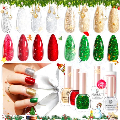 AZUREBEAUTY Nail Polish Set, 4 Colors Christmas Glitter Red Green Gold Silver Quick Dry Natural Vegan Nail Lacquer Strengthening Treatment Kit with Top Coat & Nail Polish Remover DIY Salon at Home