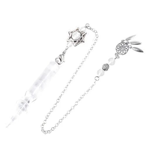 TUMBEELLUWA Crystal Point Pendulum for Divination Dowsing Faceted Stone Pendant Pendulum with Dream Catcher and Merkaba Star Chain, Rock Crystal