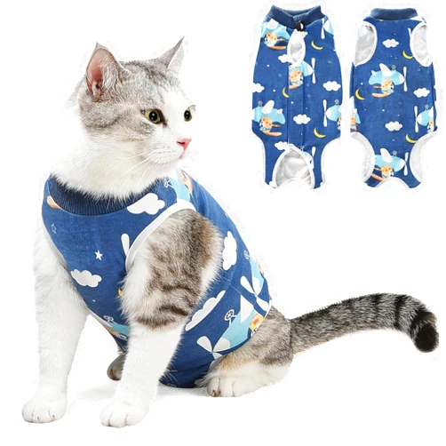SlowTon Cat Recovery Suit - Cat Onesie for Cats After Surgery Female Male, Kitten Clothes Cats Surgical Spay Suit Abdominal Wounds, E-Collar Alternative Bodysuit Shirt Anti-Licking (Navy, L)