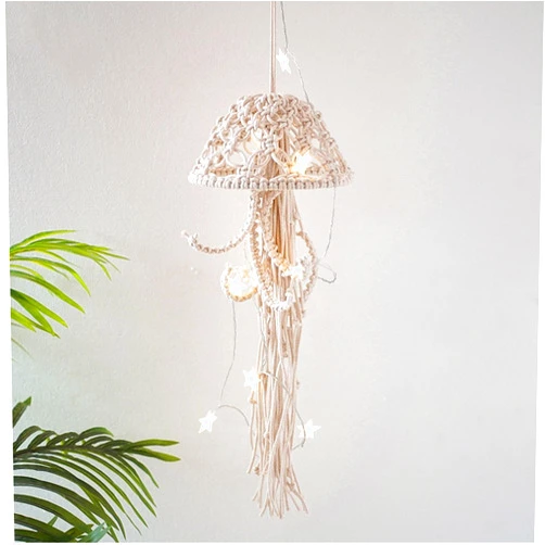 VIRFONOR Macrame Wall Hanging,Jellyfish Dream Catcher with Star Lights,Bohemian Woven Wall Art Decor Beautiful Apartment Dorm Room Door Decoration (White)