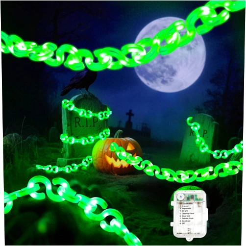 Kenburg Chain Lights Halloween Decorations - 10 Ft 160 LED String Lights with Waterproof, 8 Lighting Modes and Timer Function, Battery Operated Props Chains for Outdoor Indoor - Green