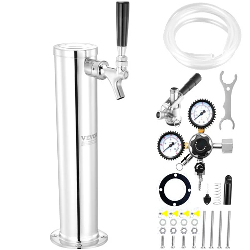 VEVOR Kegerator Tower Kit, Single Tap Beer Conversion Kit, Stainless Steel Keg Beer Tower Dispenser with Dual Gauge CGA320 Regulator & D-System Keg Coupler, Self-Closing Spring for Party Bar Home