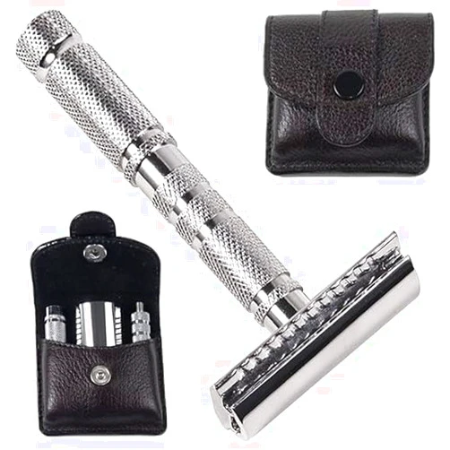 Parker Safety Razor Parker A1R TRAVEL SAFETY RAZOR - Compact 4-Piece Double Edge Safety Razor with Protective Leather Case - Ideal for Everyday Use - Iconic Brand