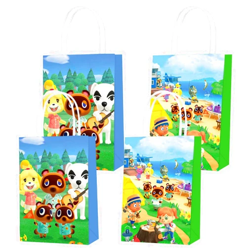 SAIAODI 16 Pcs Animal Crossing Party Paper Gift Bags, 2 Styles Favor Bags with Handles for Decorations, Goody Candy Boys Girls Kids Birthday Supplies Favors