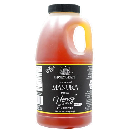 HONEY FEAST Manuka and Propolis Infused Honey | New Zealand Manuka infused Honey Blend with Propolis | Bulk Honey | MGO182 | Patent Pending Formula | 3lb Jar