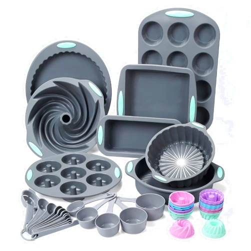 To encounter 49 Pieces Silicone Bakeware Set, Heat Resistant Silicone Baking Pans, Nonstick Silicone Baking Molds for Cake, Bread and Muffin, with Measuring Cups and Spoons Set, Light Grey