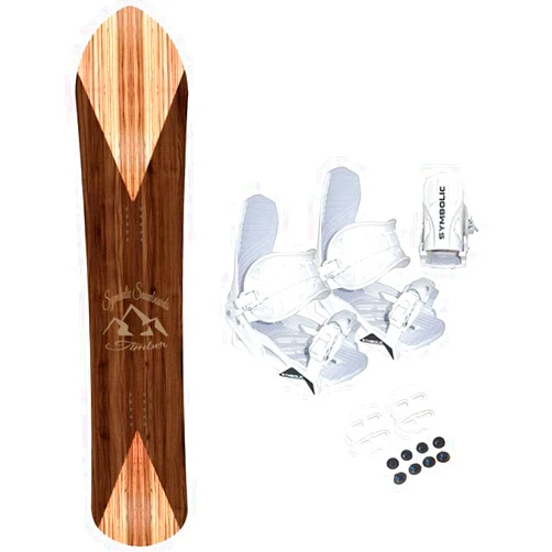 Symbolic 143cm Symbolic Timber Woodgrain Powder Snowboard & White Bindings & Leash System Package