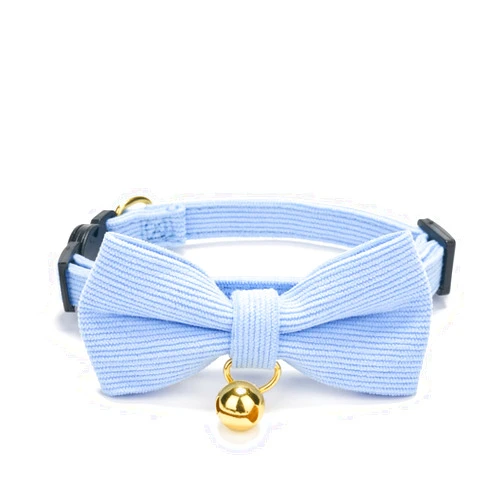 YUDOTE Cotton Breakaway Cat Collar with Bow Tie and Bell, Adjustable Cute Soft Corduroy Kitten Collars for Girl and Boy Cats,Blue