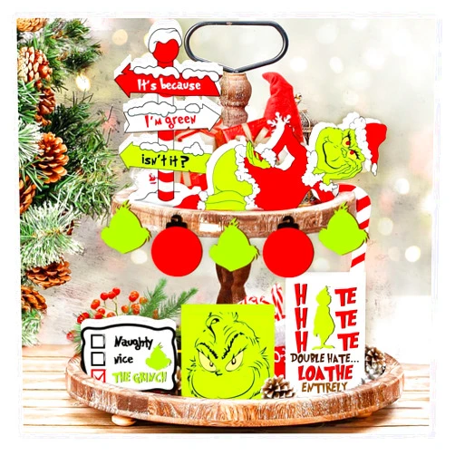 AMUHUA Christmas Tiered Tray Decorations Set - Green Gnome Christmas Decorations Table Centerpieces Wooden Ornaments for Home Living Room Table Xmas Decorations Indoor Holiday Decor