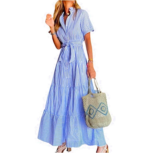 utcoco Womens Casual Short Sleeve Button Down Tie Waist Ruffled Striped Maxi Shirt Dress