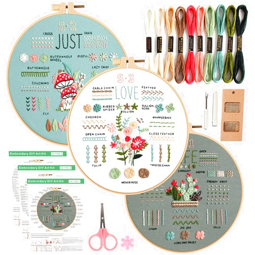 Ohcol 3 Sets Embroidery Kit for Beginners Adults,Easy to Learn 33 Different Stitches DIY Kits,Needlepoint Kits for Adult Hand Crafts Includes Stamped Flower Pattern,Instruction,Hoop,Threads,Tools