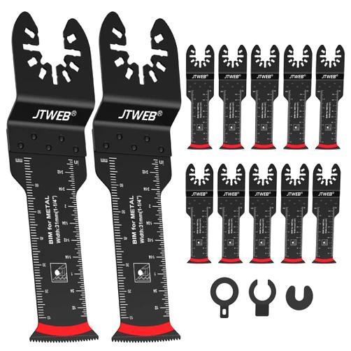 JTWEB Extra Long Oscillating Saw Blades - 12PCS Arc-Shaped Edge Bi-Metal Multitool Blades Precise Cut for Wood with Nails, Metal, Universal Quick Release Power Oscillating Tool Blades Kits