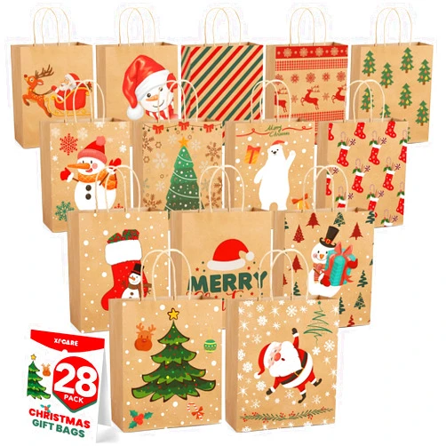 XPCARE 28 Pack Christmas Kraft Gift Bags with Handles, 9x7.5x3.5 Christmas Gift Bags, Christmas Goody Bags for Christmas Holidays Party Favors and Presents