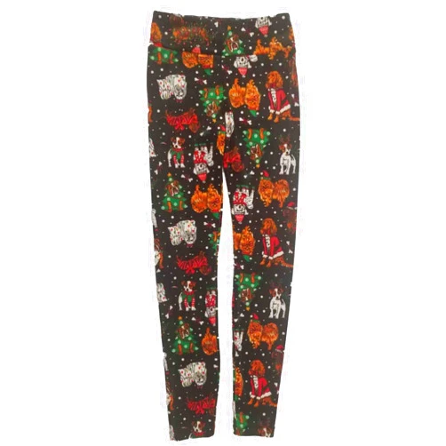 NoBo Junior Womens Black Polyester Christmas Puppy Dogs Holiday Leggings Pants