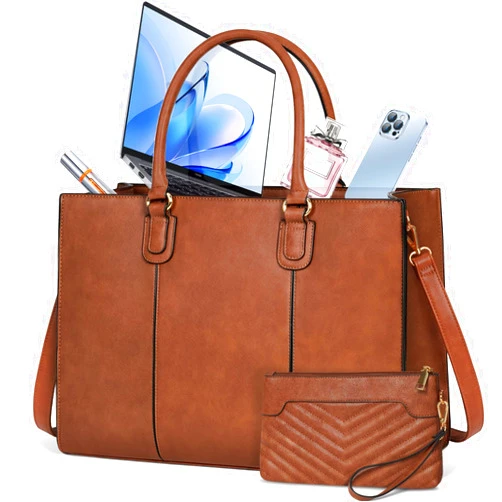NEWHEY Laptop Bag for Women 15.6 Inch Work Tote Bags Leather Computer Bag with Clutch Purse Professional Office Briefcase Waterproof Handbag Shoulder Bag for Business Travel College, Brown