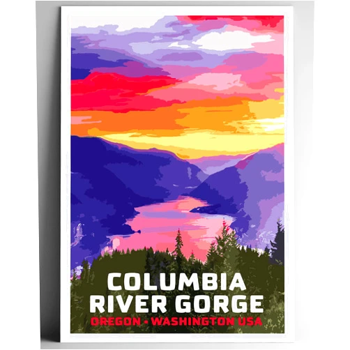 Go See Design Columbia River Gorge • Washington • Oregon Vintage-Style Travel Poster - 8x10-12x18-18x24-24x36 / 4x6 Postcard WPA Style Art Print USA Columbia River America the Beautiful (4x6 Inch Postcard)