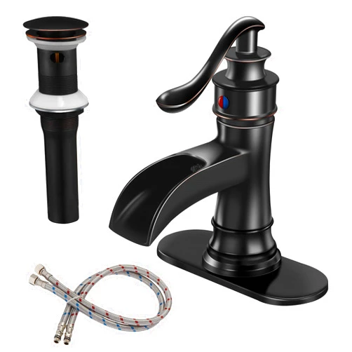 BWE Bathroom Sink Faucet Oil Rubbed Bronze Waterfall with Pop Up Drain Stopper Assembly Water Supply Hose Rustic Lead-Free Lavatory Vanity Bath Black Farmhouse Faucet Single Handle Mixer Single Hole