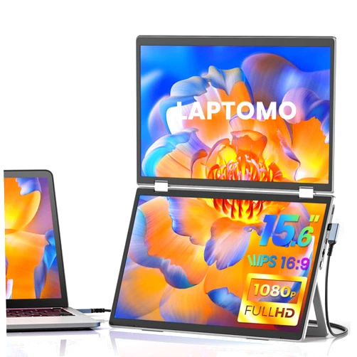 Laptomo M2 Laptop Screen Extender, 15.6 Inch 1080P Folding Dual Portable Monitor for Laptop, Triple Screen Monitor Extender for Laptop PC Mac Windows with Kickstand, 180°Rotation, VESA
