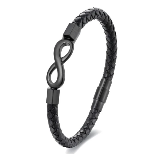 BIYONGDE Mens Braided Black Leather Infinity Knot Bracelet, Stainless Steel Friendship and Forever Love Bracelet, Gift to Husband from Wife, Anniversary and Valentines Gift