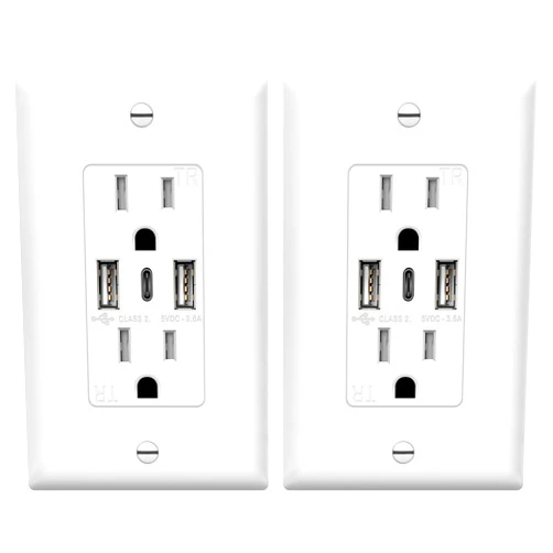 TOPGREENER USB Outlet, 3-Port Type C 3.6A 18W Wall Outlet, 15 Amp Receptacle, Charging Power Outlet with USB Ports, Compatible with iPhone 16 Series & More, UL Listed, TU21536AC3-2PCS, White, 2 Pack
