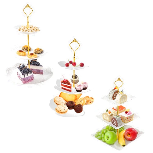 MOTOOLER 3 Set 3 Tier White Dessert Stands, Plastic Tiered Cake Stands, Fruit Candy Display Includes Square/Sakura-Shaped/Round Dessert Tiered Stand for Wedding Birthday Family Party
