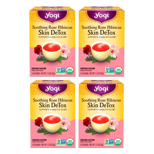 Yogi Tea Soothing Rose Hibiscus Skin DeTox Tea - 16 Tea Bags per Pack (4 Packs) - Organic DeTox Tea to Support Skin Health - Includes Green Tea Leaf, Rose Petal, Honeybush Leaf, Hibiscus & More
