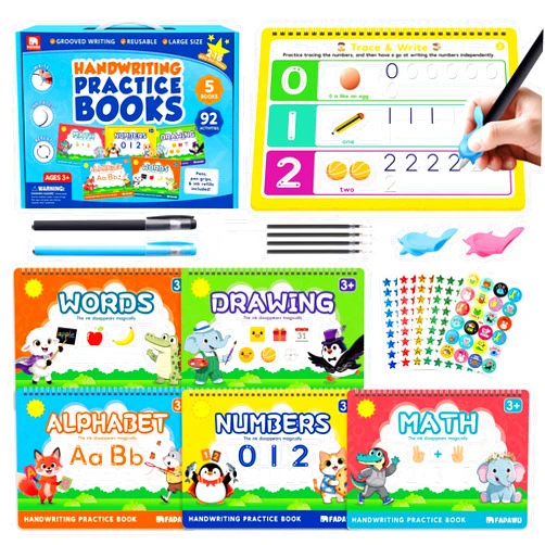 FADAWU Magic Grooved Writing Practice Books for Kids, Large Grooved Handwriting Copybook, Reusable Learn to Write Number Letter Preschool Tracing Workbook for Kids Ages 3-8, Birthday Gifts Toys
