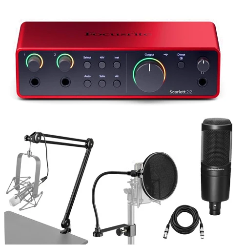 Focusrite Scarlett 2i2 4th Gen USB Audio Interface with Software, Bundle with AT2020 Microphone, and Broadcast Arm with Internal Spings and Integrated 10' XLR, Pop Filter (4 Items)