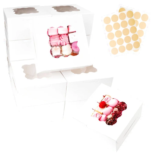 Zilphoba 15pcs White Bakery Boxes with Window, 6'' x 6'' x 2.5'' Bakery for Treats, Macarons, Donuts, Dessert, Cookies and Party Favor Boxes