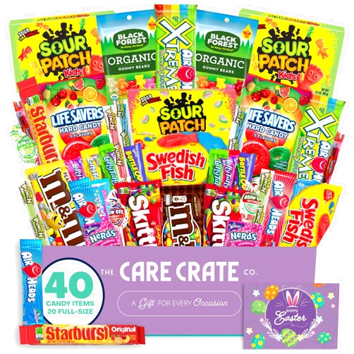 The Care Crate Co. Easter Candy Snack Box (40 Full Size Variety Gift Basket Care Package) Gummy Bears, Chocolate, Hard Candy, Suckers, Gummies & More - The Care Crate Co.