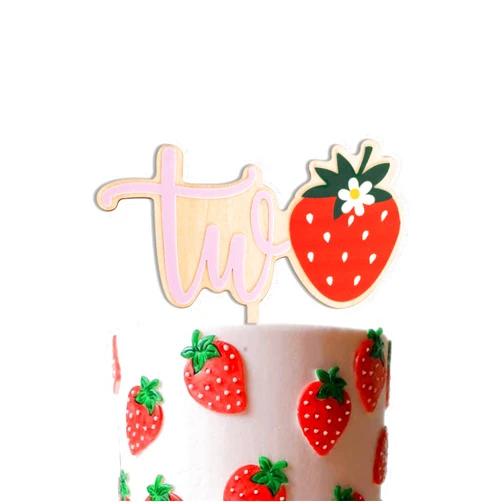 VANGNING Strawberry Wood Cake Topper - Acrylic Sweet One Theme Party Decorations,1st Birthday Supplies,Strawberry Cake Toppers, Cake Smash (Two strawberry CT)