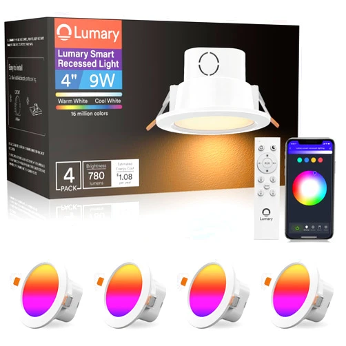 Lumary Integrated Smart Recessed Lighting 4 Inch with Junction Box 9W 780lm Canless Smart Wi-Fi Recessed Lights with BT Remote Color Changing Downlights Work with Alexa/Google Assistant, 4 Pack