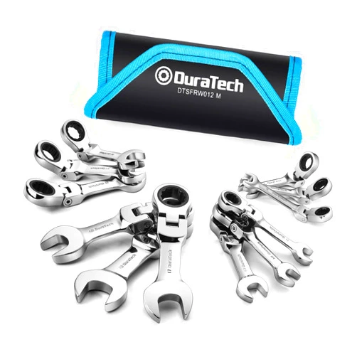 DURATECH Stubby Flex-head Ratcheting Combination Wrench Set, Metric, 12-piece, 8-19mm, CR-V Steel, with Pouch