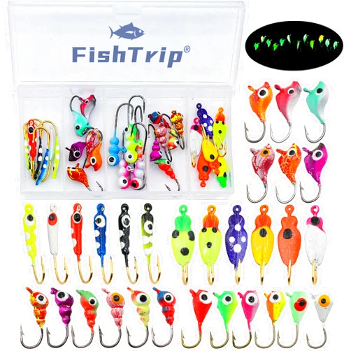 FishTrip Ice Fishing Jigs Kit, 30/60Pcs Glow Ice Fishing Lure Set for Winter Ice Jigging Crappie Sunfish Perch Panfish Walleye Pike Jigs, Ice Fishing Gear with Storage Box