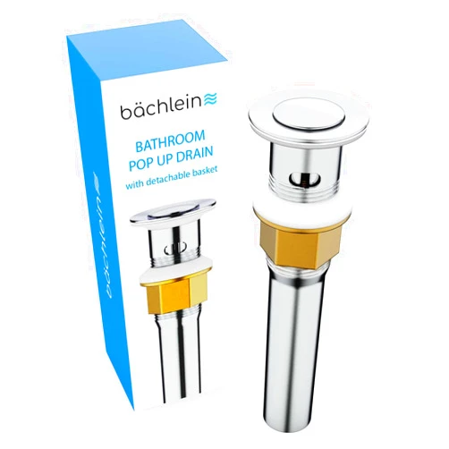 Bächlein Bathroom Sink Drain with Overflow - Chrome Pop Up Drain incl. 3 Extra Seals - German Brand