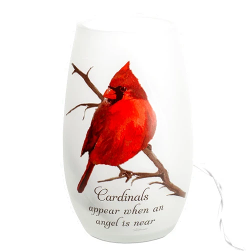 Cottage Garden Regal Red Cardinal on Branch Appear When an Angel is Near 5.25 x 3.25 Glass Pre-Lit Plug in Tabletop Vase Lamp Night Light