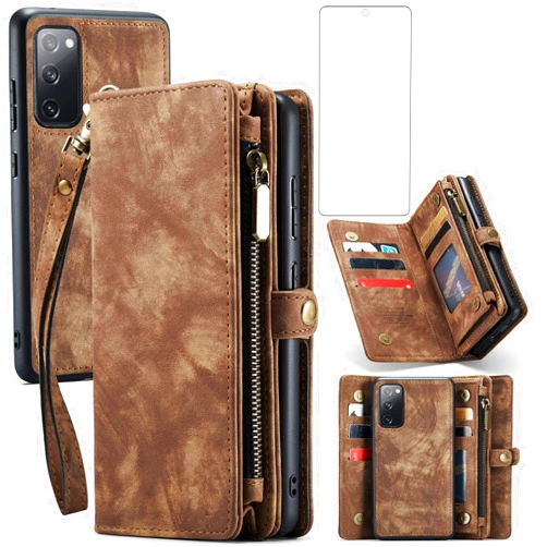 Asuwish Phone Case for Samsung Galaxy S20 FE Gaxaly S 20 FE 5G UW 6.5 inch Zipper Wallet Cover with Tempered Screen Protector and Flip Card Holder Cell Glaxay S20FE5G S20FE 20S Fan Edition 4G G5 Brown