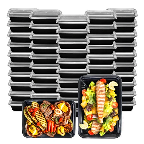 Klex Meal Prep Containers with Airtight Lids, BPA Free, Reusable Plastic Food Container, 24 oz, Rectangular, Black/Clear, 50 Sets