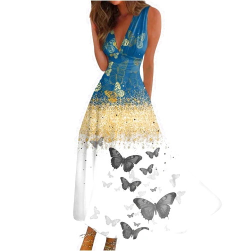 Generic Womens Dresses Floral Print Wrap V Neck Beach Dress Sleeveless Elegant Sundresses Flowy Lightweight Maxi Dress