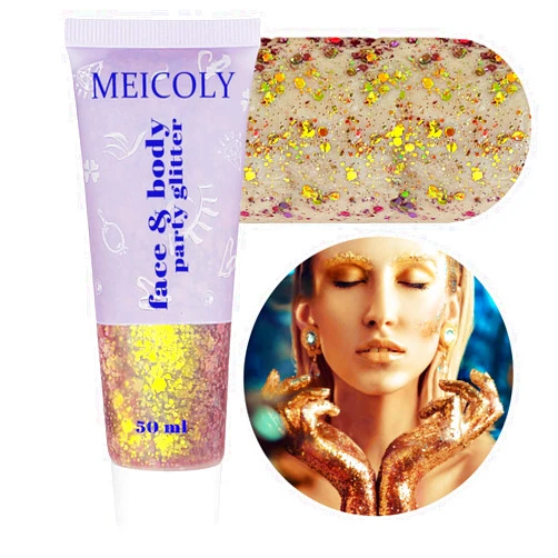 MEICOLY Chameleon Gold Body Glitter,Chunky Glitter Face Paint,Color Changing Mermaid Face Glitter Gel,Holographic Glitter Sequin for Face Body Hair,Halloween Festival Party Glitter Makeup,50ml