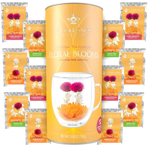 Teabloom Caffeine-free Petite Blooming Teas - Gift Canister of 12 Assorted Flowering Teas - Ideal with Teabloom Borosilicate Glass Cups or Smaller Teapots